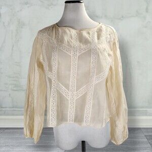Rebecca Taylor Lace Inset Puff Sleeve Top Size 8 Cream Edwardian Style Blouse